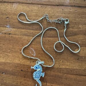 Seahorse Pendant Necklace in Silver Tone with Blue Crystals